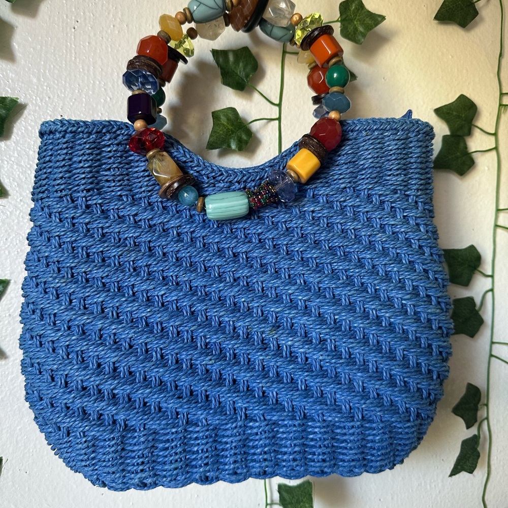 Blue Woven Handbag with Beaded Handle